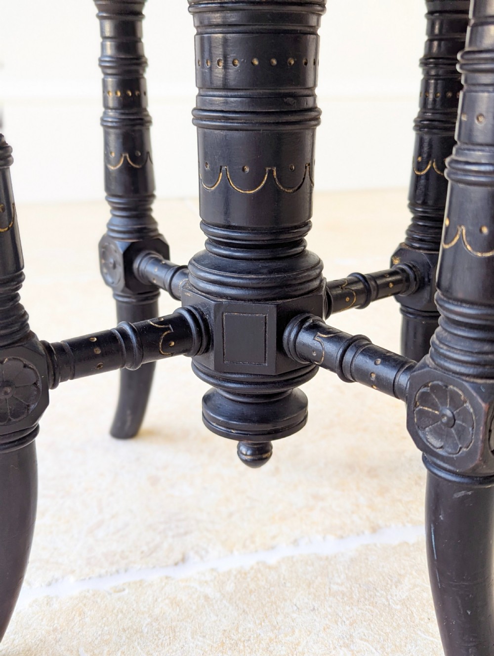Antique Victorian Ebonised Aesthetic Movement Adjustable Piano Stool c.1880 View XIII