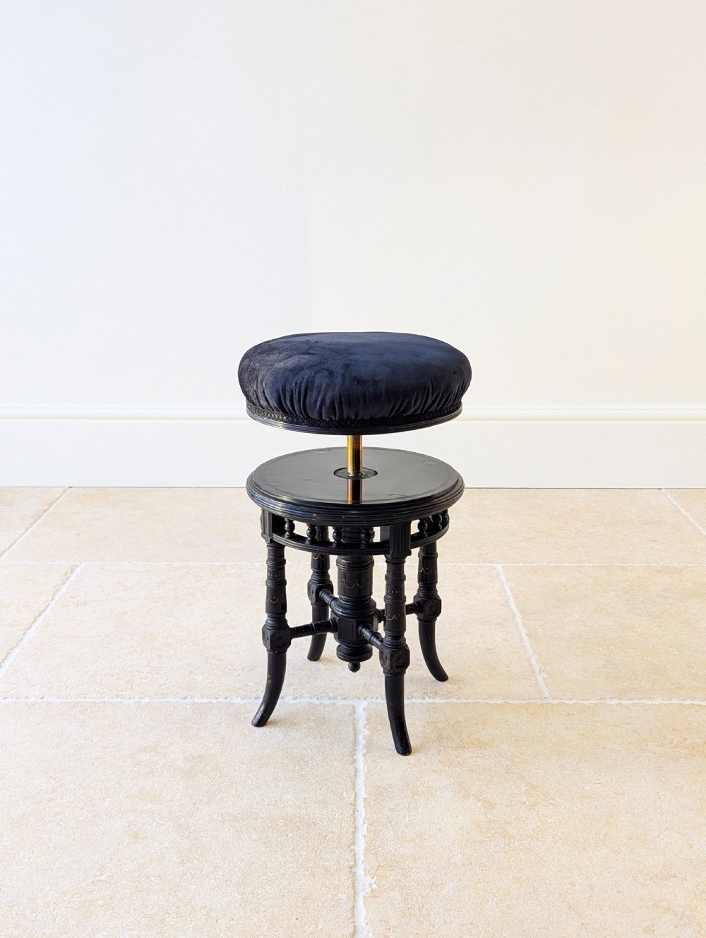 Antique Victorian Ebonised Aesthetic Movement Adjustable Piano Stool c.1880 View XV