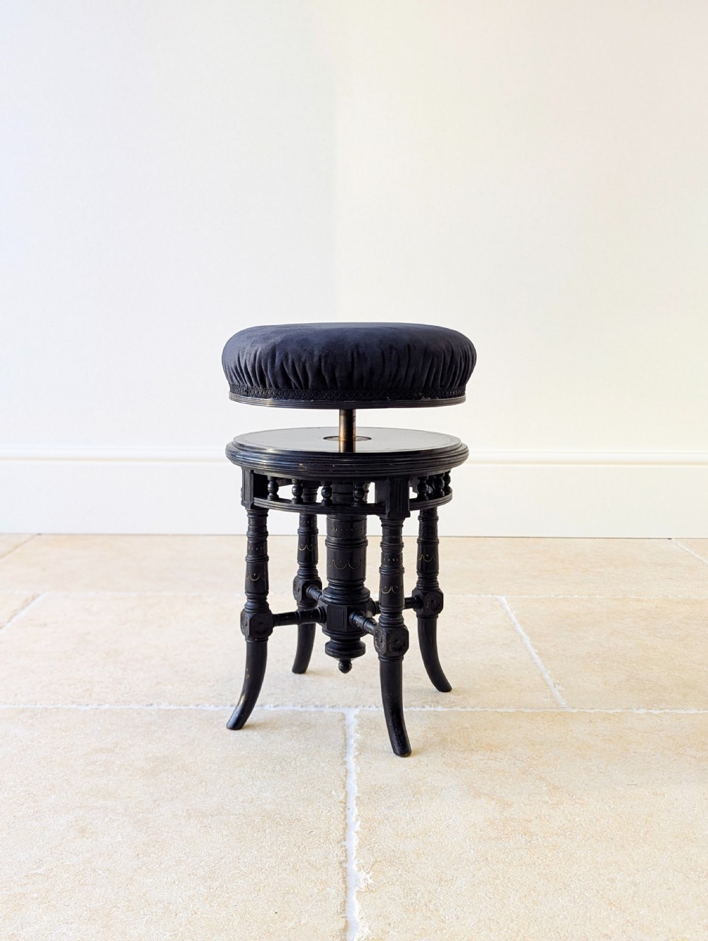 Antique Victorian Ebonised Aesthetic Movement Adjustable Piano Stool c.1880 View XVII
