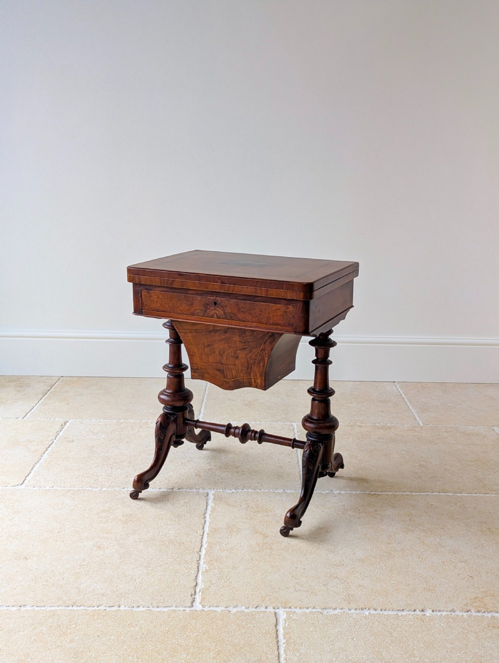 Antique Victorian Burr Walnut Work & Games Table c.1870 View II