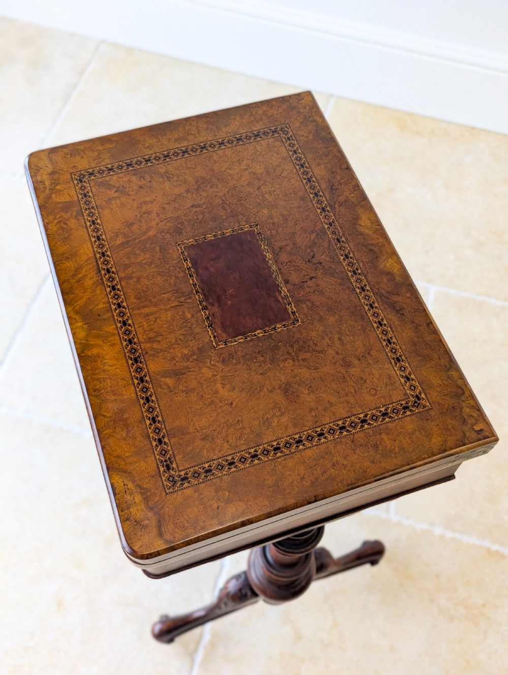 Antique Victorian Burr Walnut Work & Games Table c.1870 View III