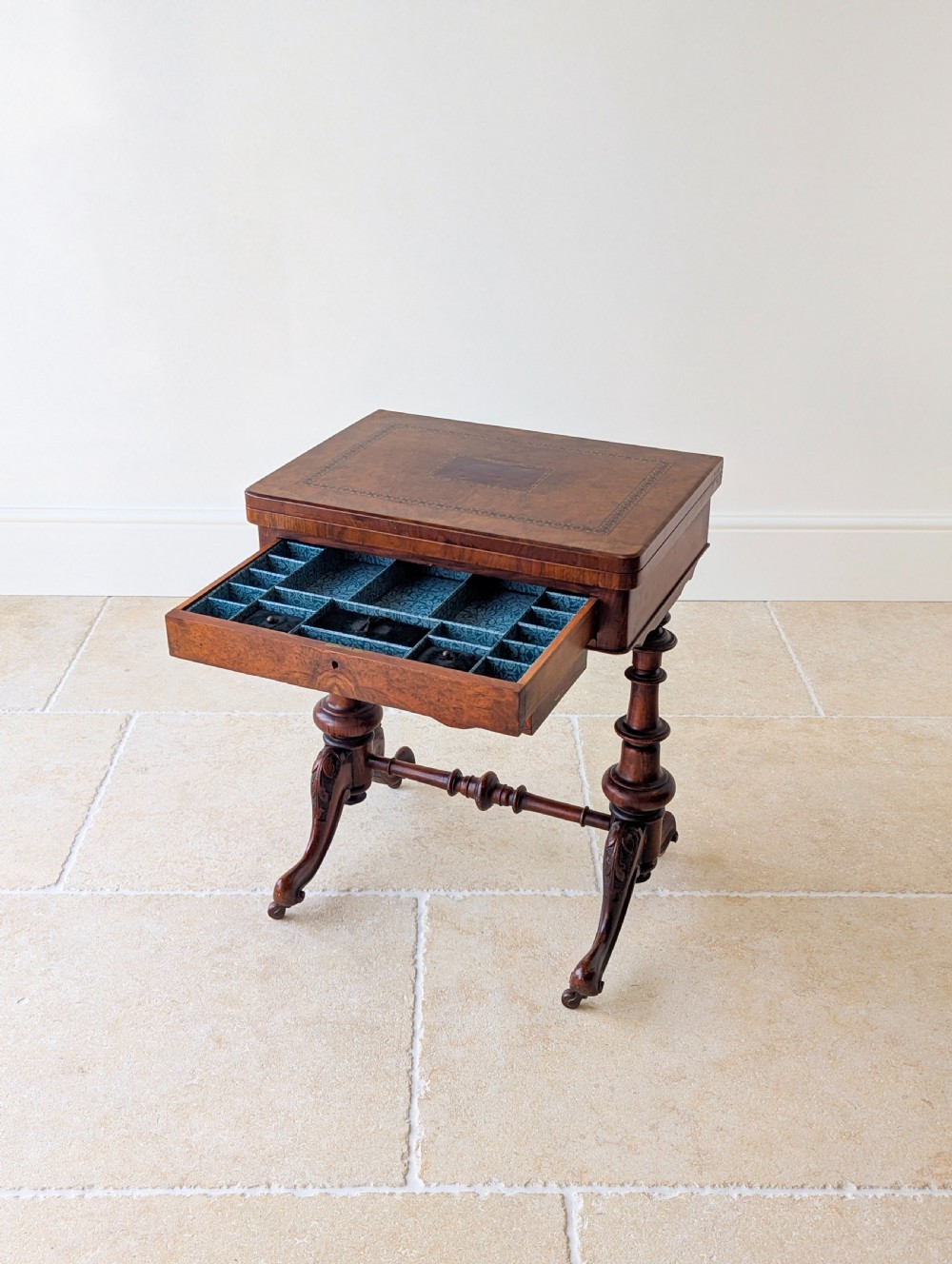 Antique Victorian Burr Walnut Work & Games Table c.1870 View VI