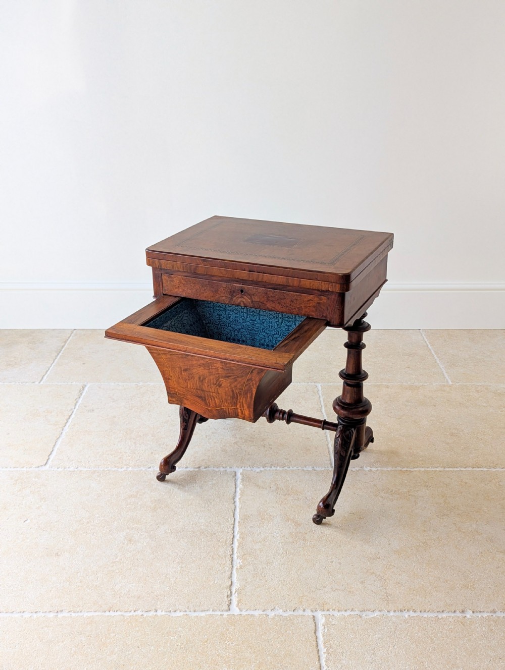 Antique Victorian Burr Walnut Work & Games Table c.1870 View VIII