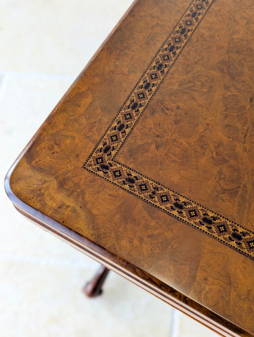 Antique Victorian Burr Walnut Work & Games Table c.1870 View X