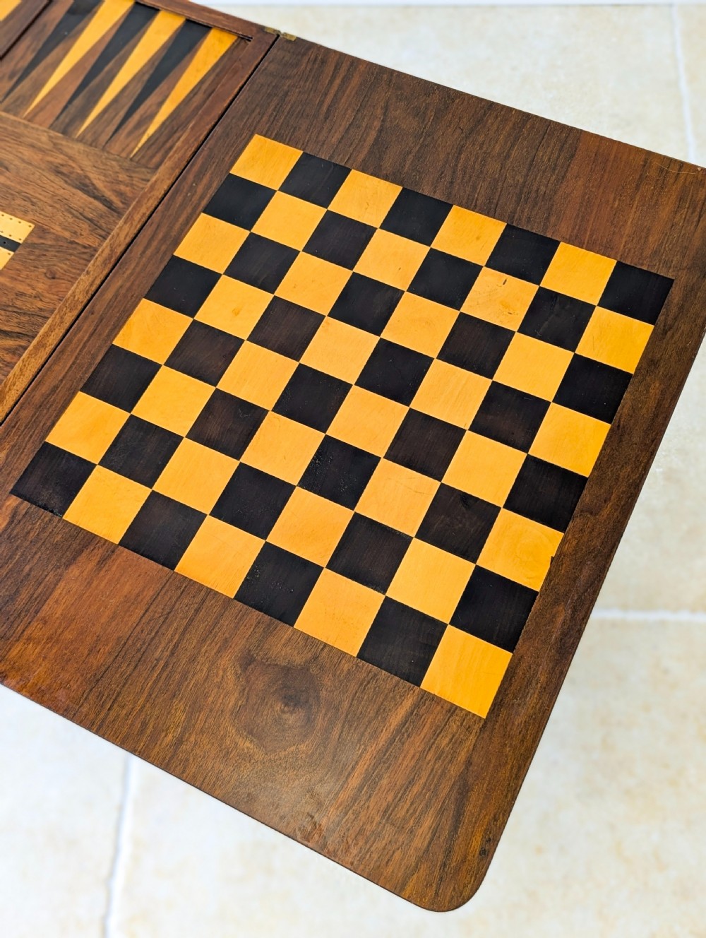Antique Victorian Burr Walnut Work & Games Table c.1870 View XII