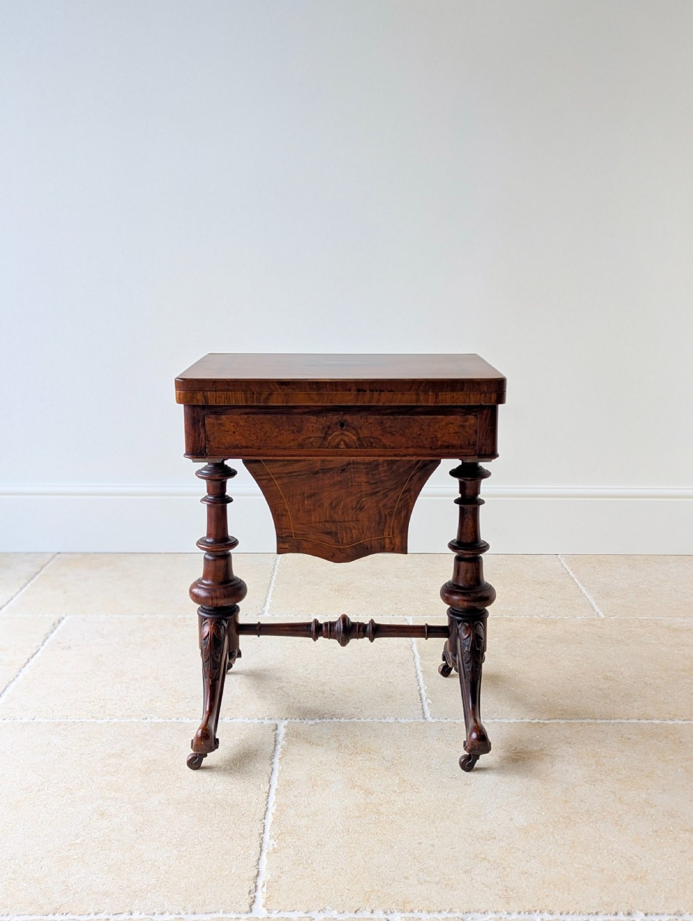 Antique Victorian Burr Walnut Work & Games Table c.1870 View XIII
