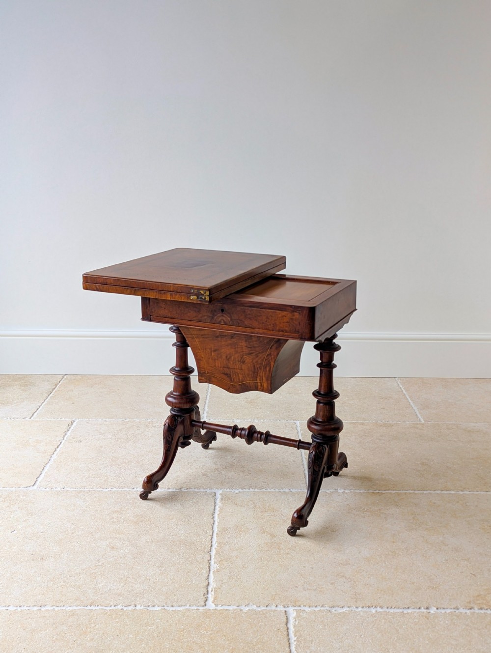 Antique Victorian Burr Walnut Work & Games Table c.1870 View XIV