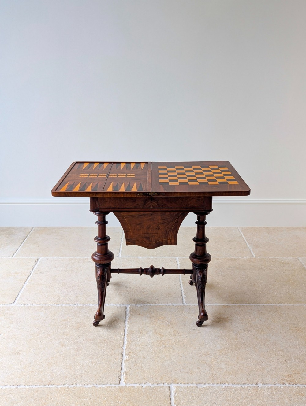 Antique Victorian Burr Walnut Work & Games Table c.1870 View XV