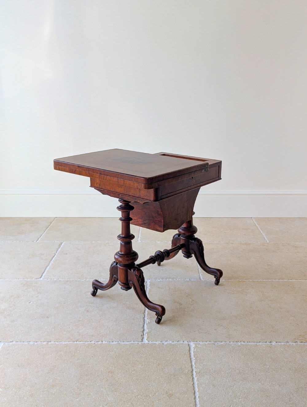 Antique Victorian Burr Walnut Work & Games Table c.1870 View XVII