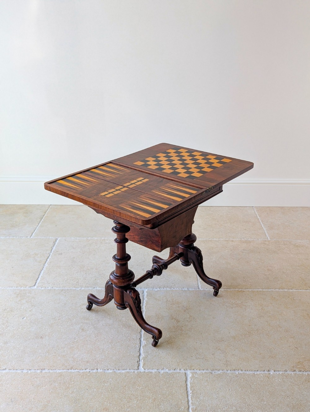 Antique Victorian Burr Walnut Work & Games Table c.1870 View XVIII