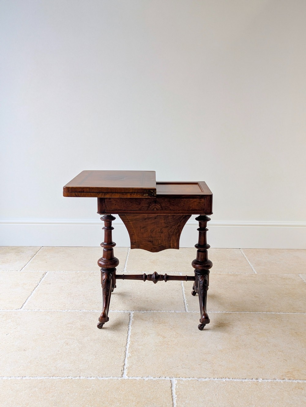 Antique Victorian Burr Walnut Work & Games Table c.1870 View XIX