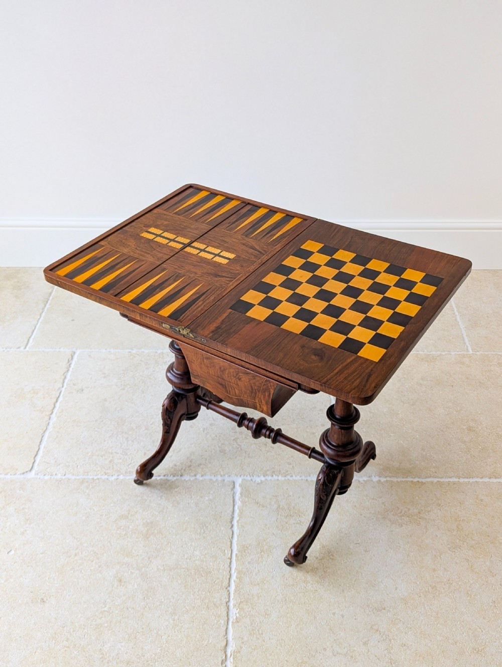 Antique Victorian Burr Walnut Work & Games Table c.1870 View XX