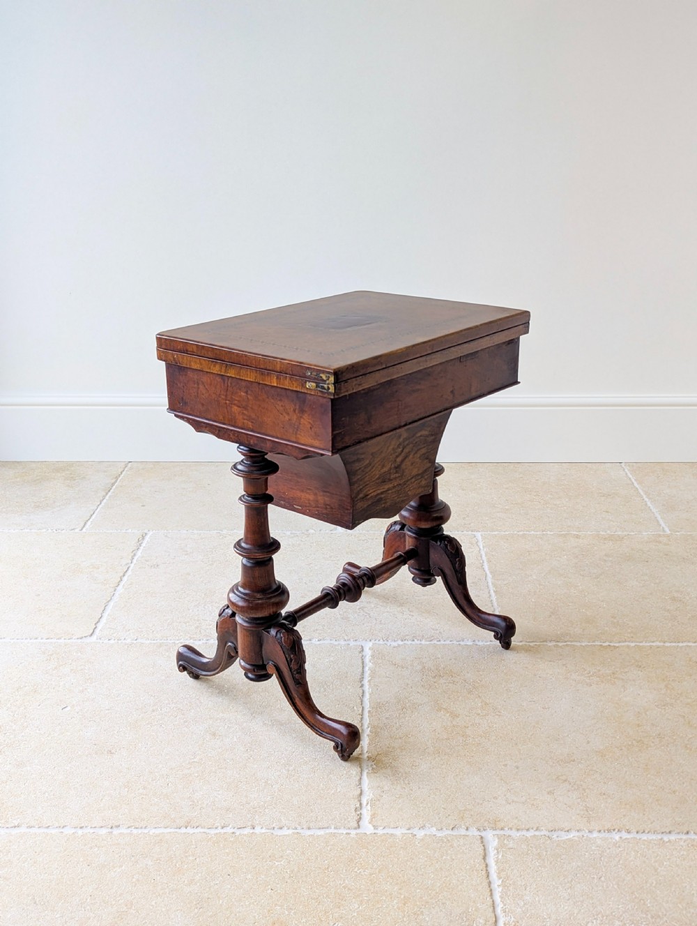 Antique Victorian Burr Walnut Work & Games Table c.1870 View XXI