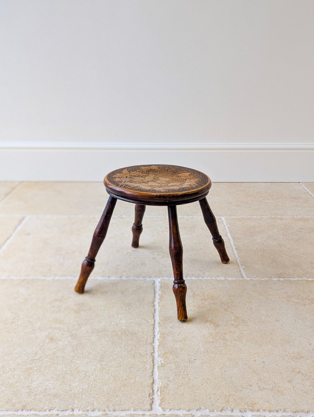 Antique Late Victorian Beech and Ash Pokerwork Stool c.1890