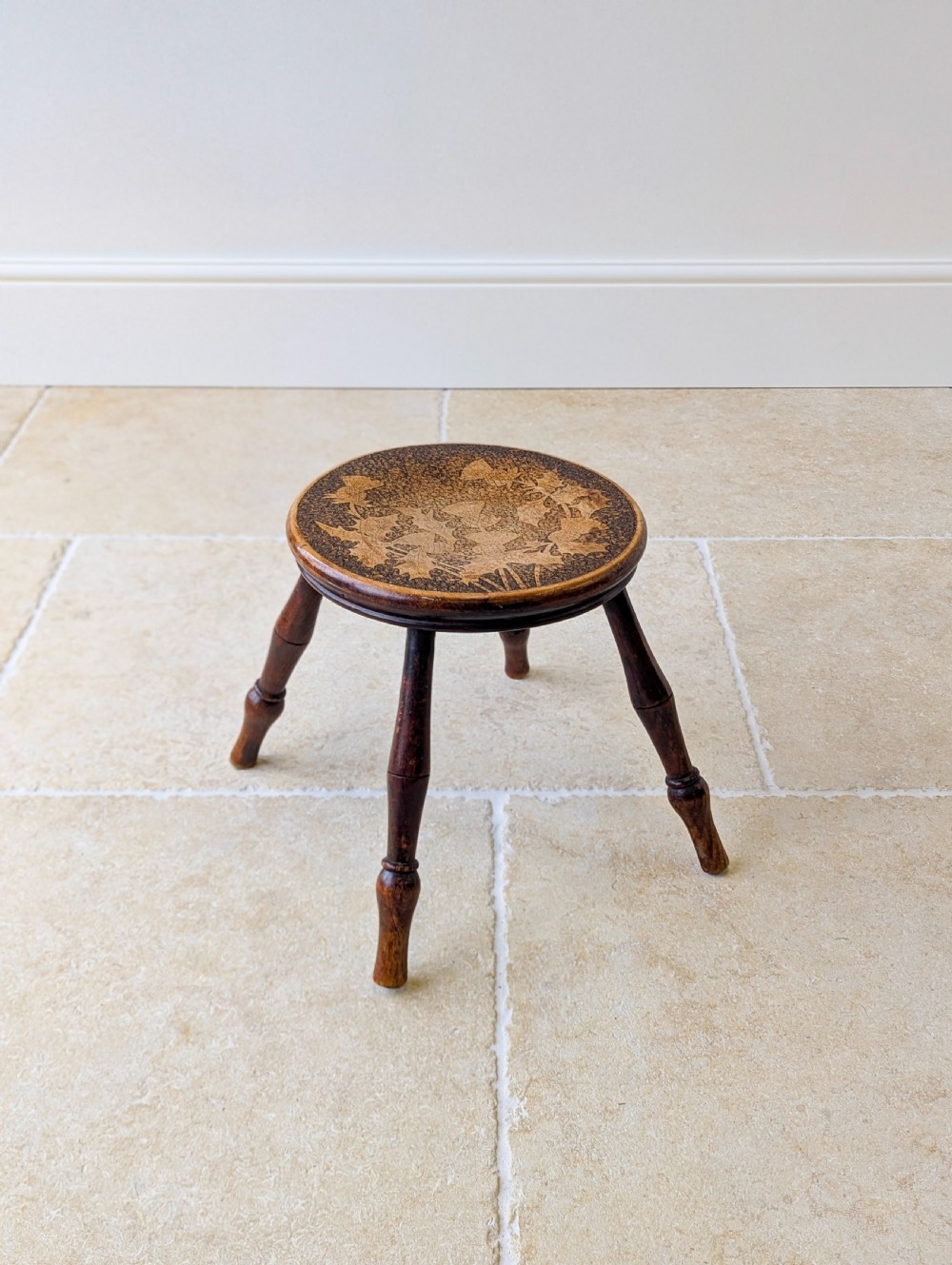 Antique Late Victorian Beech and Ash Pokerwork Stool c.1890 View III