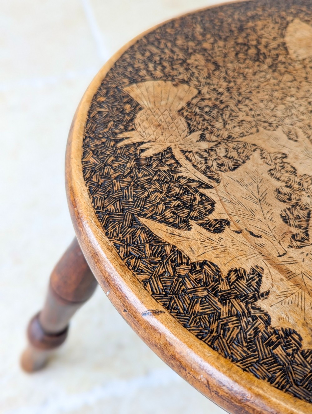 Antique Late Victorian Beech and Ash Pokerwork Stool c.1890 View V