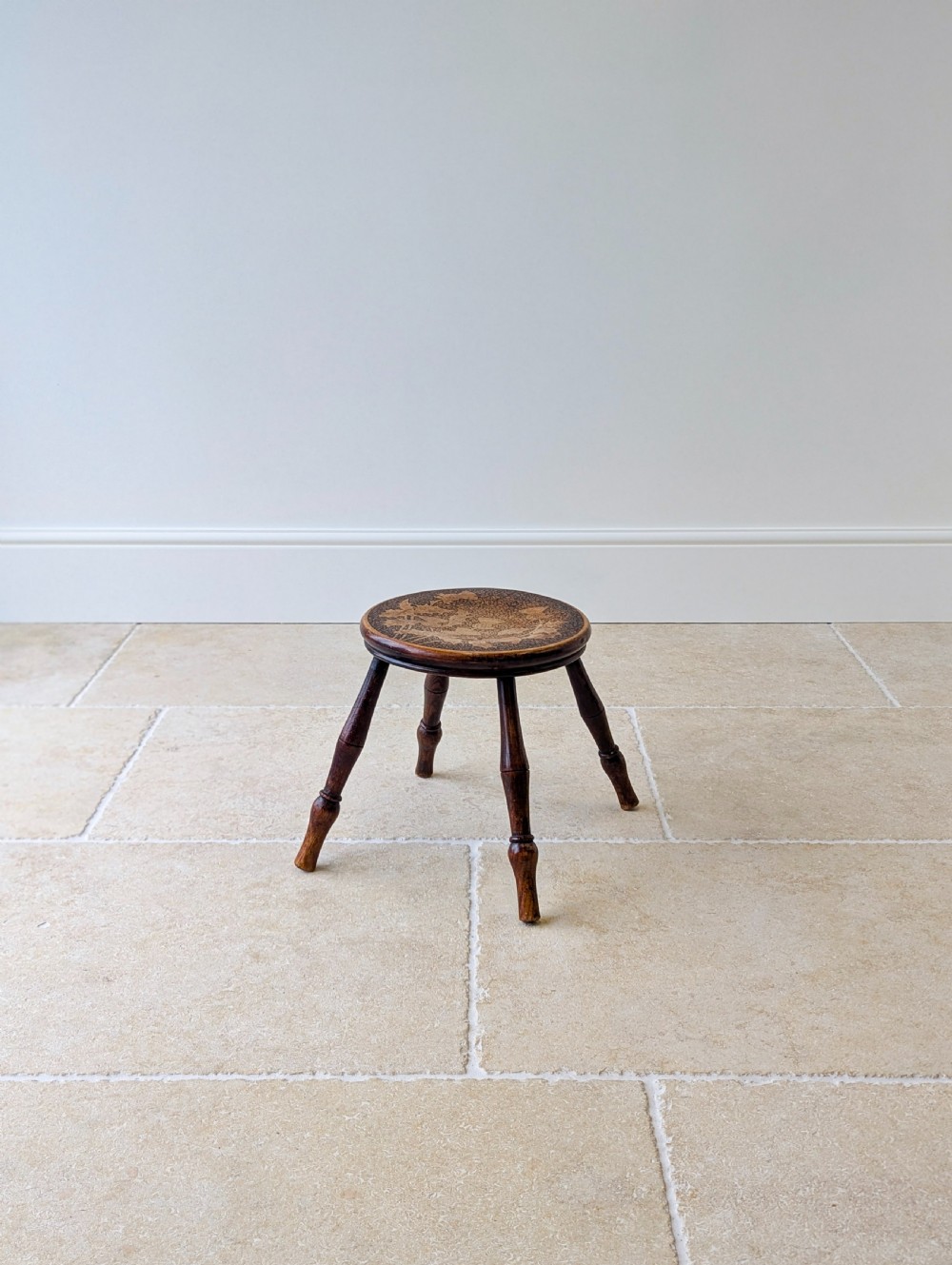 Antique Late Victorian Beech and Ash Pokerwork Stool c.1890 View VI