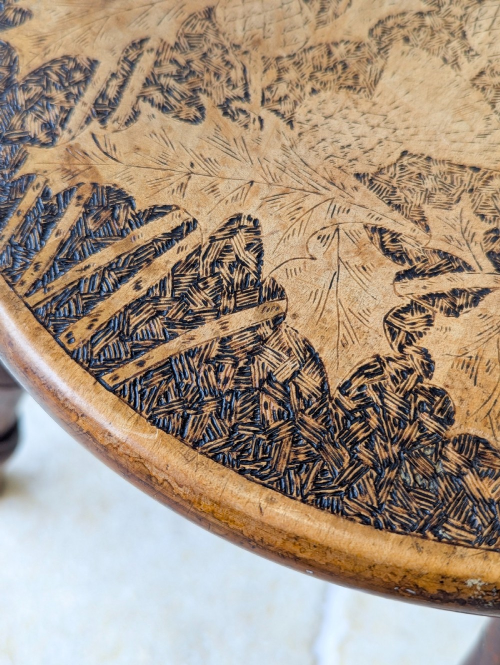 Antique Late Victorian Beech and Ash Pokerwork Stool c.1890 View VII