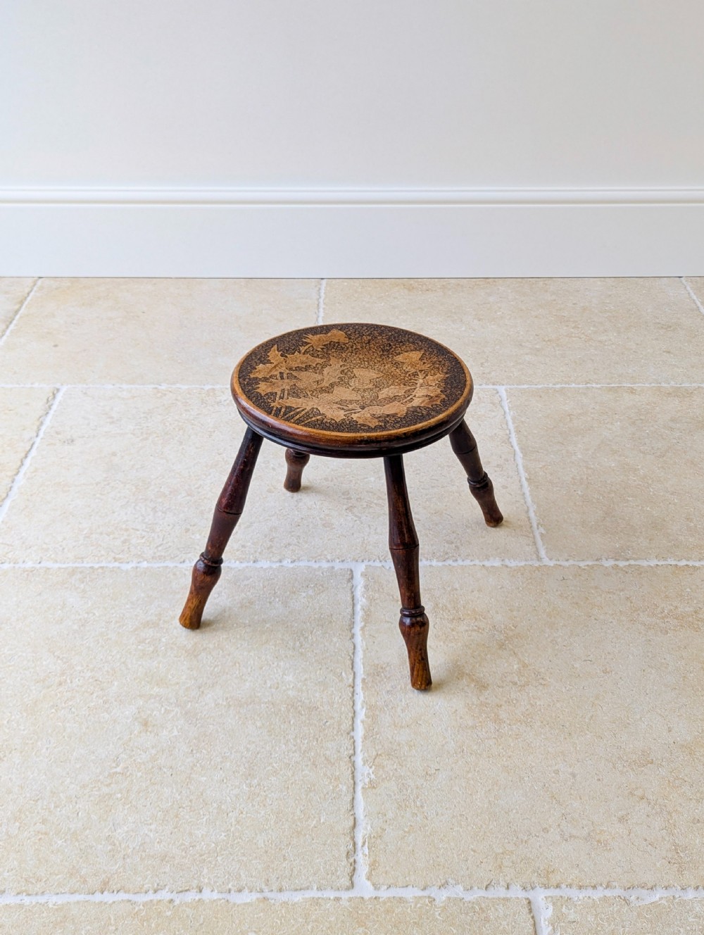 Antique Late Victorian Beech and Ash Pokerwork Stool c.1890 View VIII
