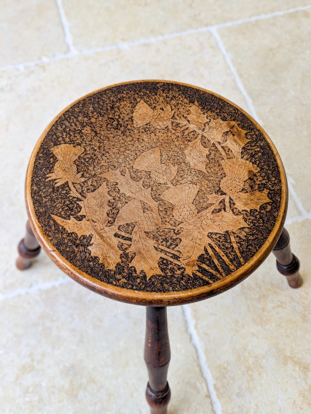 Antique Late Victorian Beech and Ash Pokerwork Stool c.1890 View IX