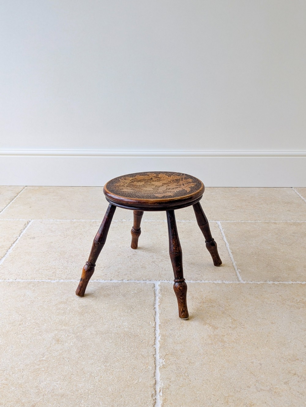 Antique Late Victorian Beech and Ash Pokerwork Stool c.1890 View X