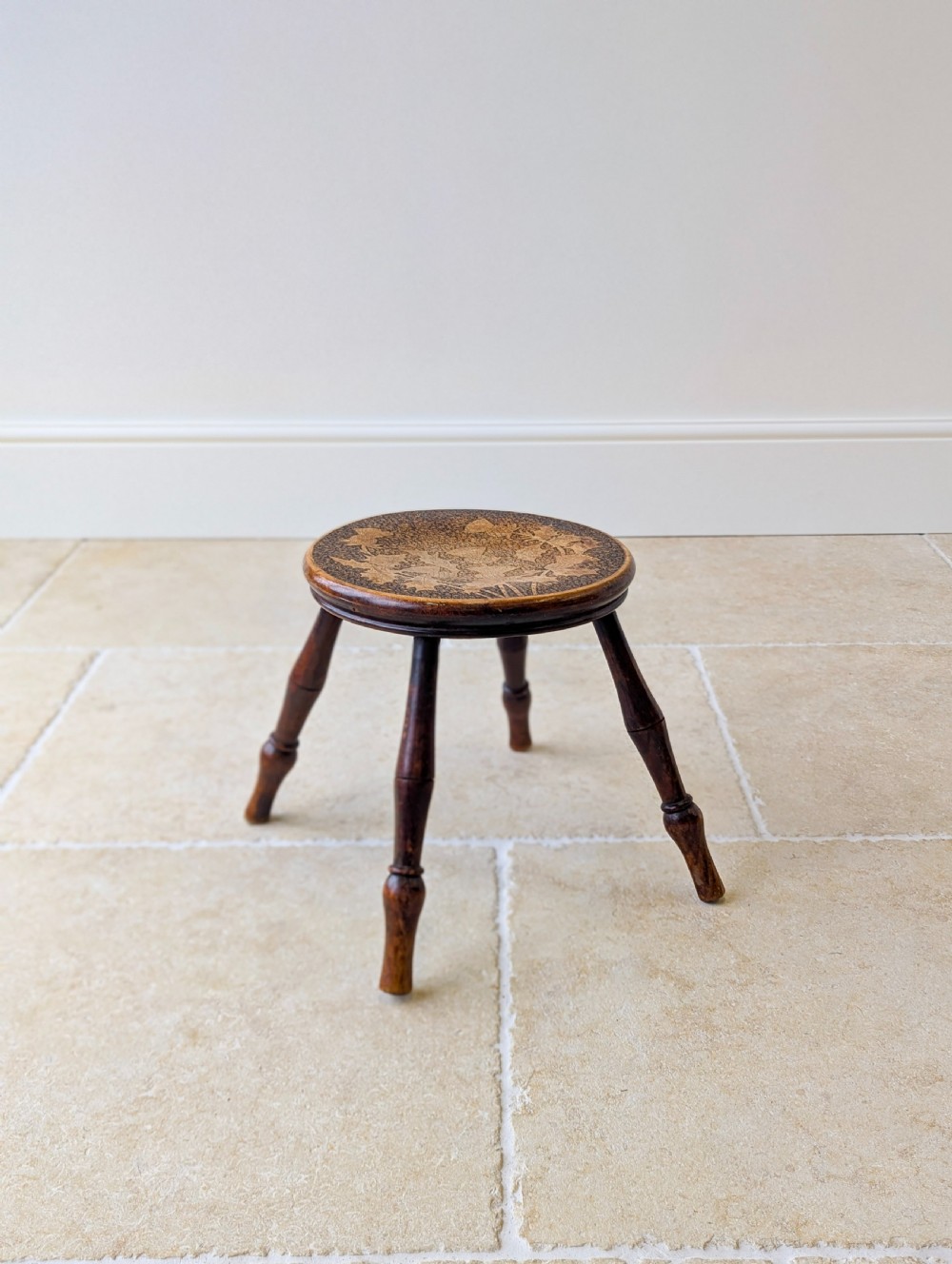 Antique Late Victorian Beech and Ash Pokerwork Stool c.1890 View XI