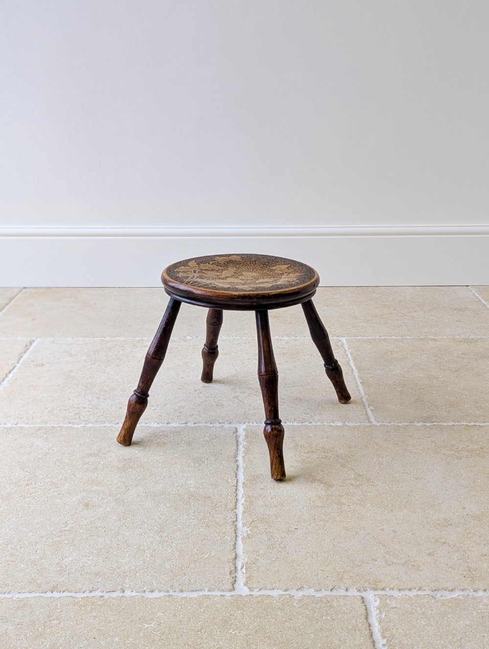 Antique Late Victorian Beech and Ash Pokerwork Stool c.1890 View XII