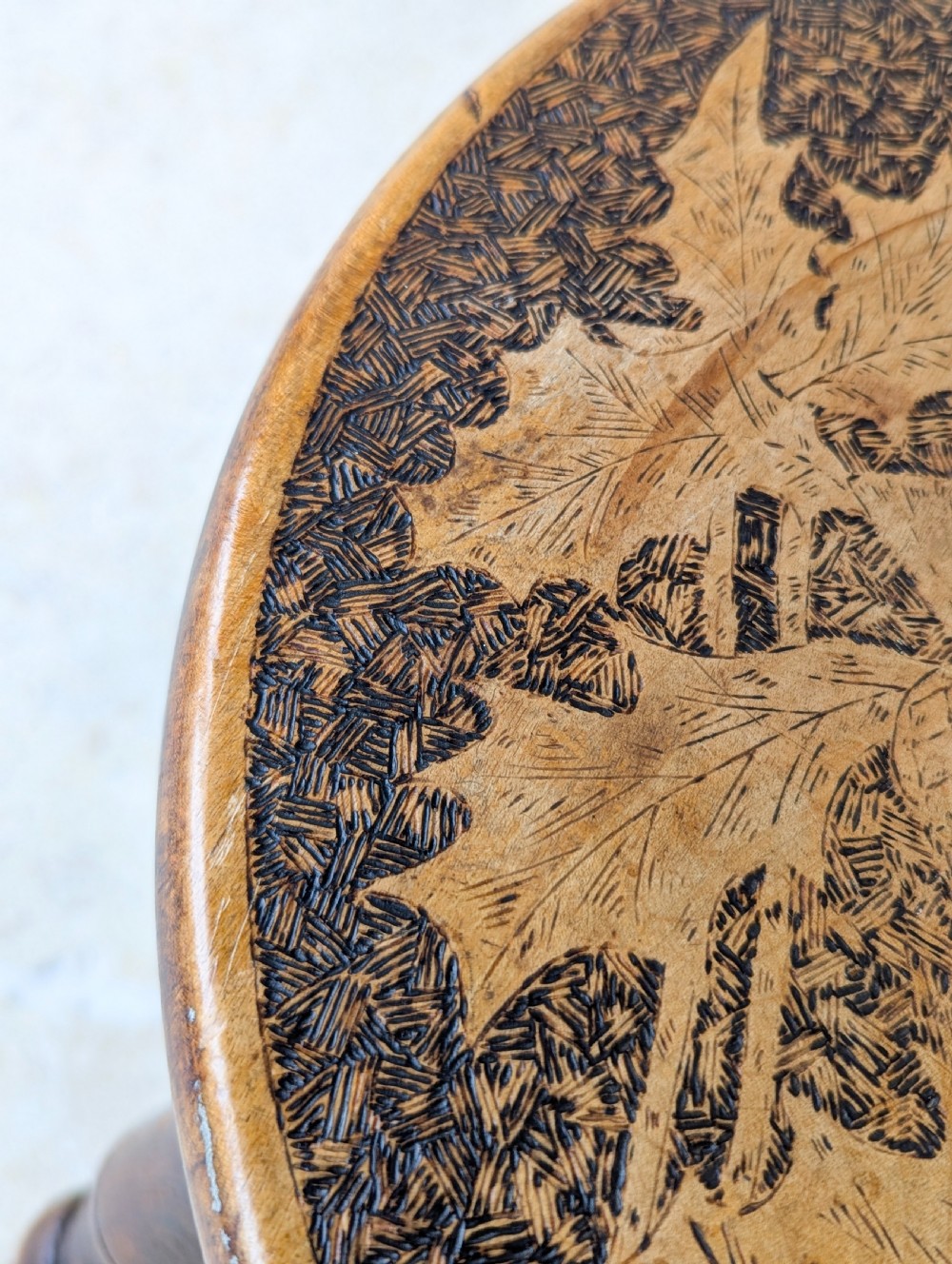 Antique Late Victorian Beech and Ash Pokerwork Stool c.1890 View XIII