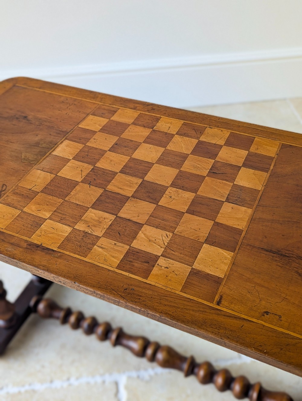 Antique Victorian Walnut Bobbin Chess / Games Table c.1880 View V