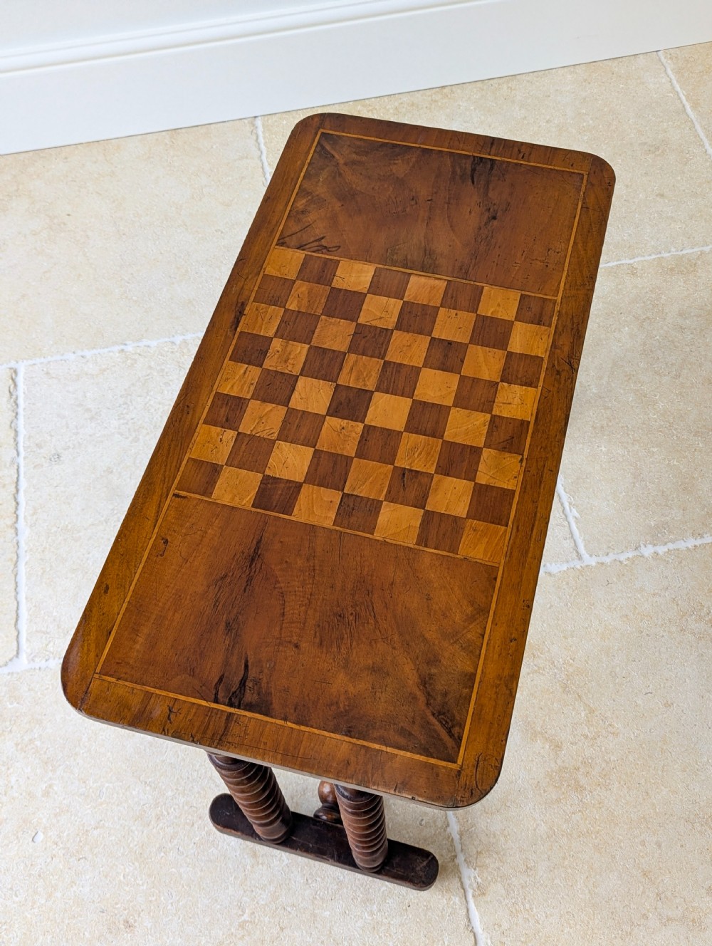 Antique Victorian Walnut Bobbin Chess / Games Table c.1880 View XI
