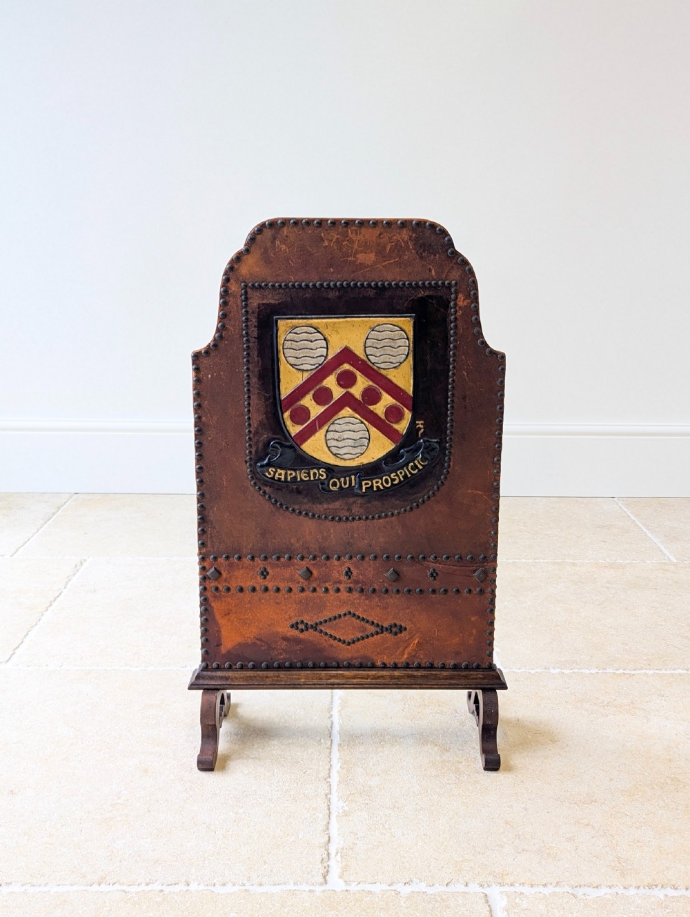 Antique Oak & Leather Malvern College Heraldic Fire Screen c.1920 View II