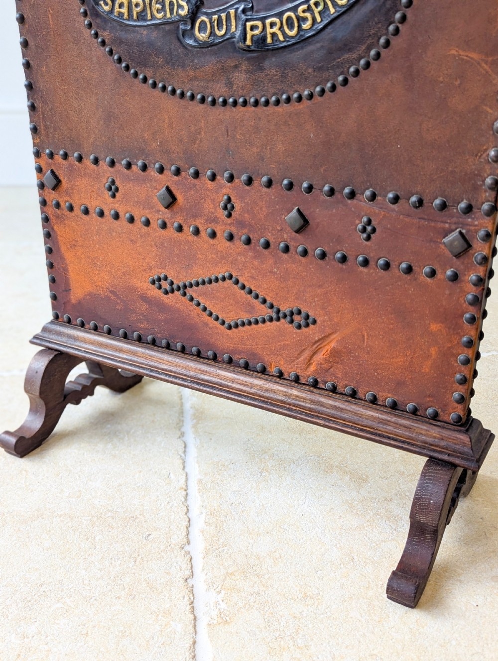 Antique Oak & Leather Malvern College Heraldic Fire Screen c.1920 View V