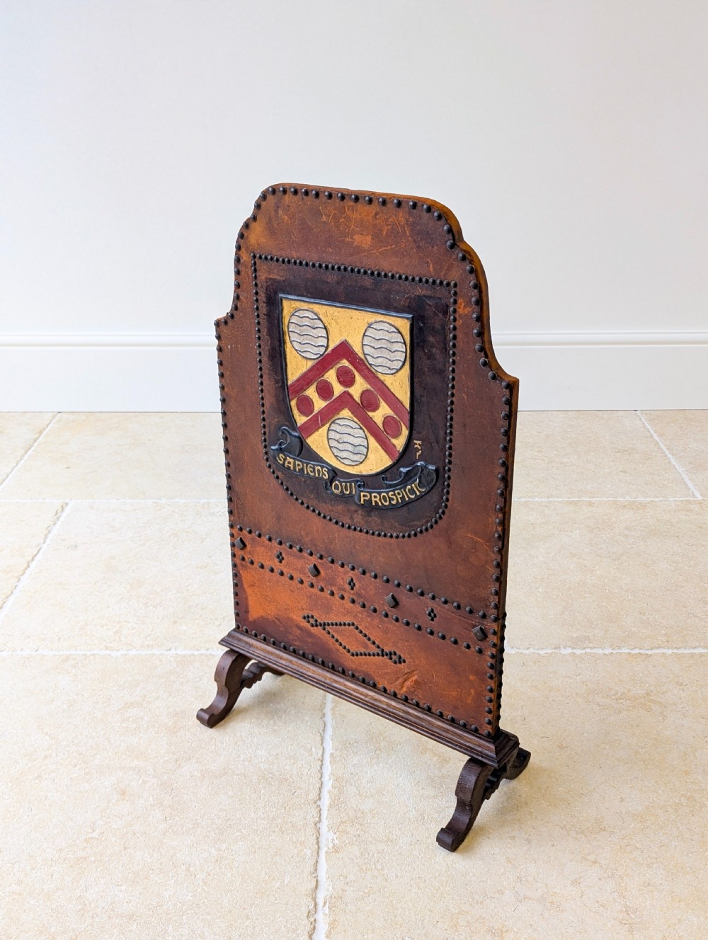 Antique Oak & Leather Malvern College Heraldic Fire Screen c.1920 View VIII