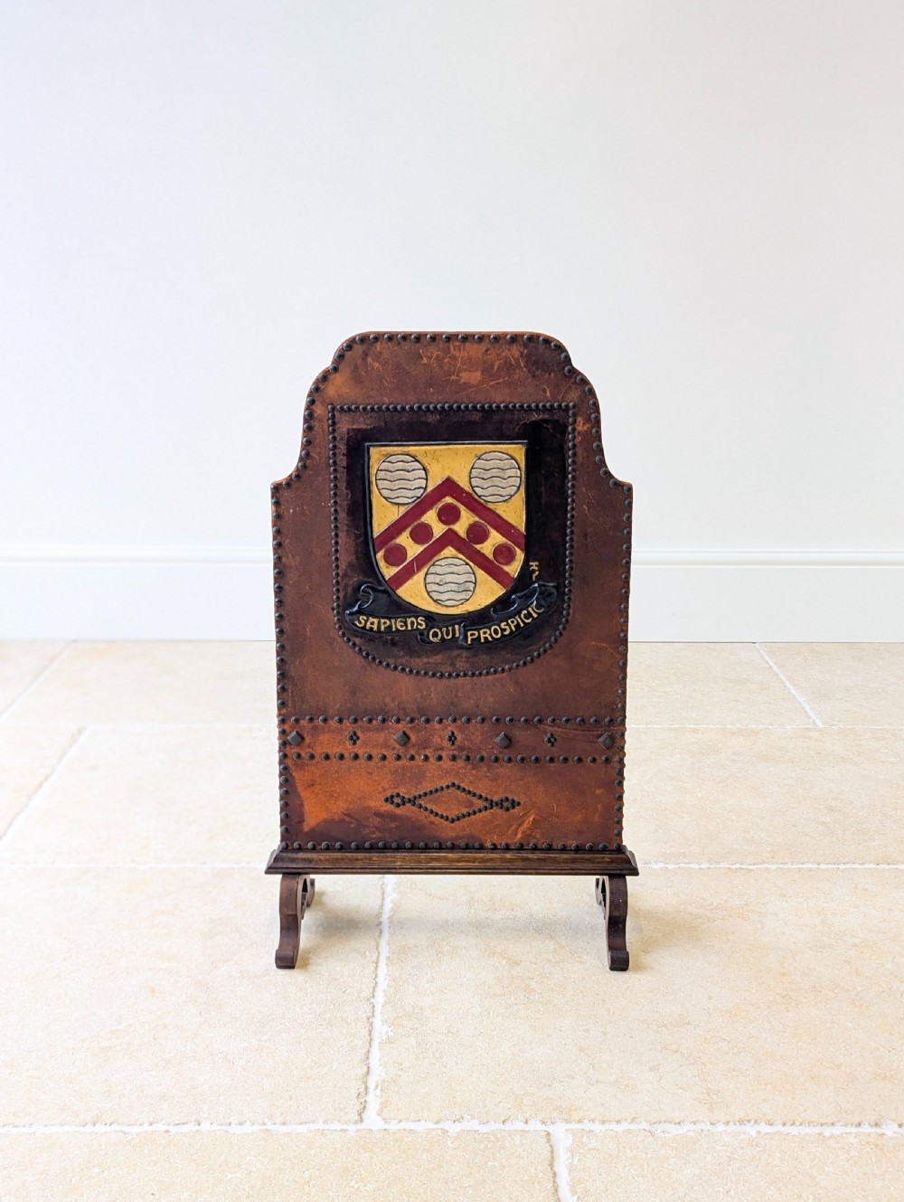 Antique Oak & Leather Malvern College Heraldic Fire Screen c.1920 View IX