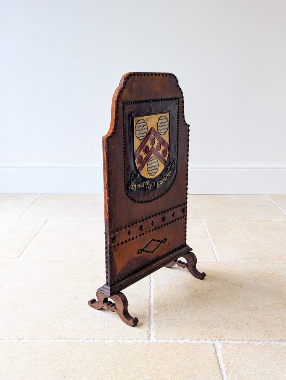 Antique Oak & Leather Malvern College Heraldic Fire Screen c.1920 View X