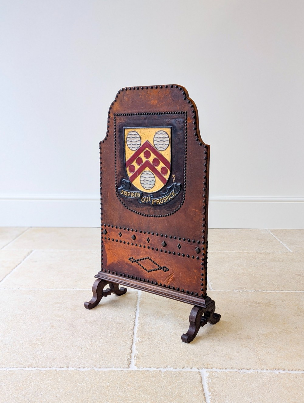 Antique Oak & Leather Malvern College Heraldic Fire Screen c.1920 View XI