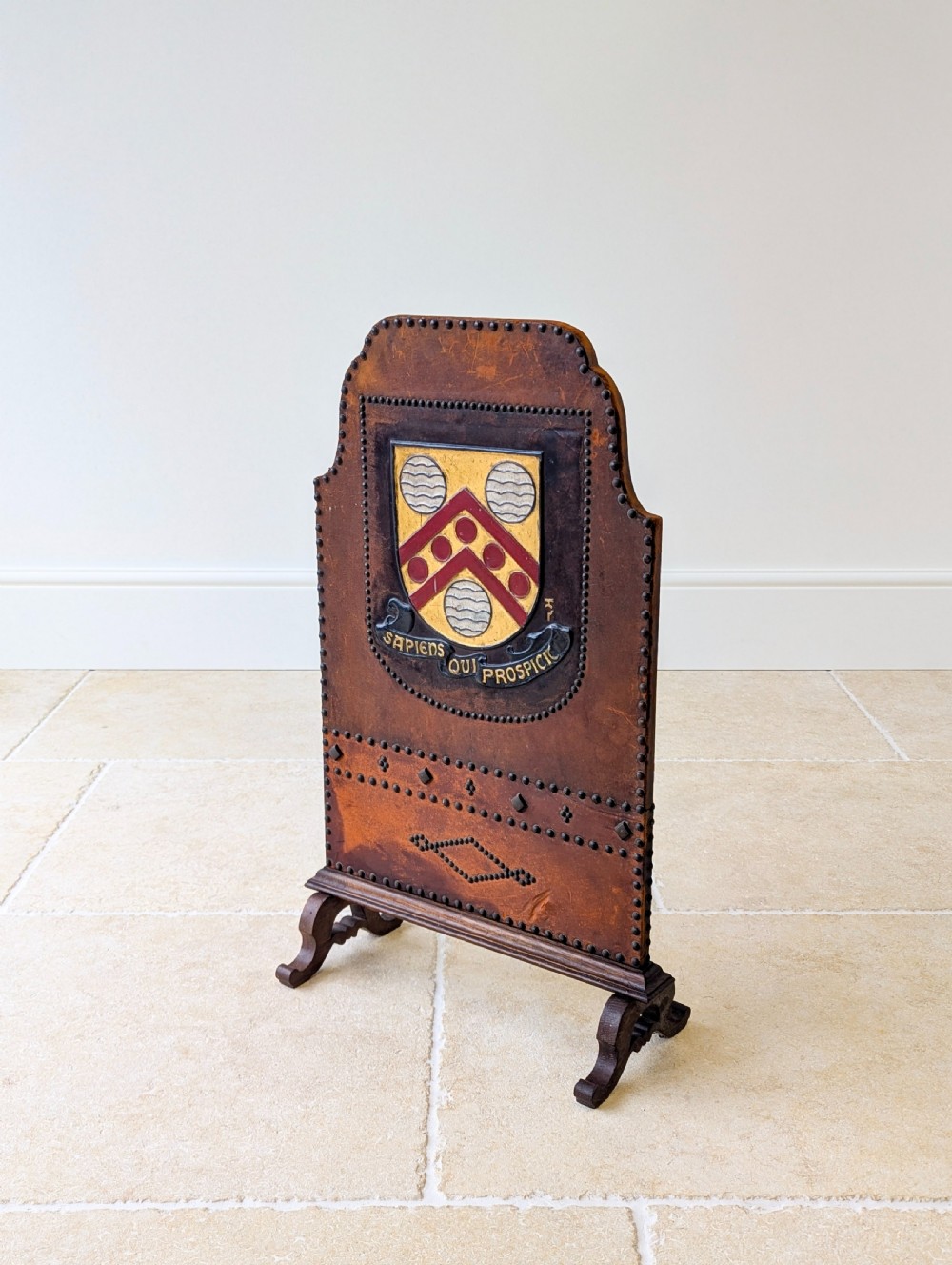 Antique Oak & Leather Malvern College Heraldic Fire Screen c.1920 View XV
