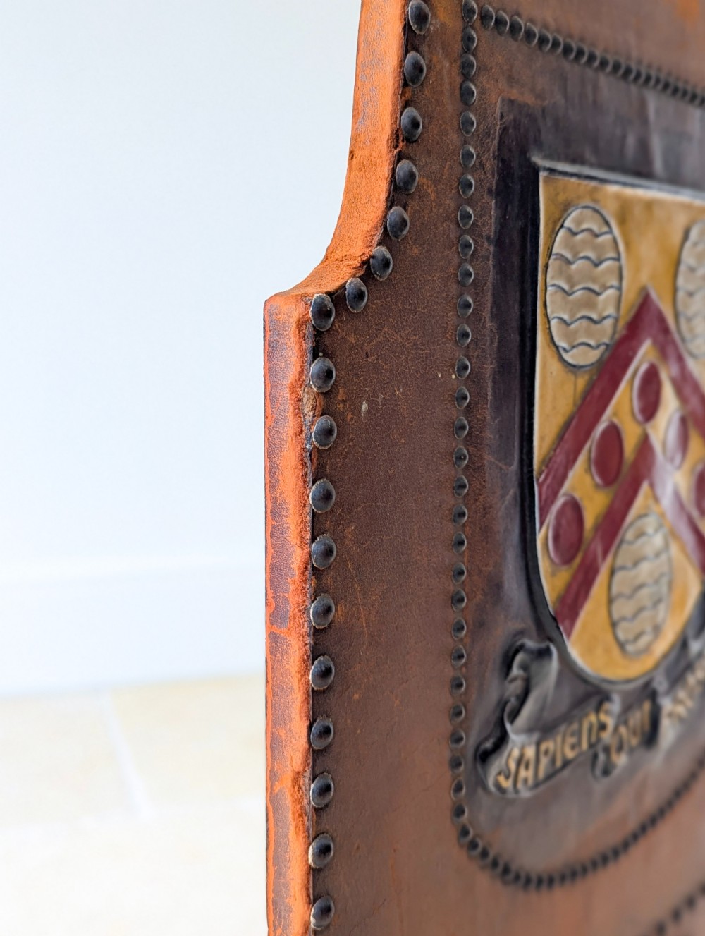Antique Oak & Leather Malvern College Heraldic Fire Screen c.1920 View XVII