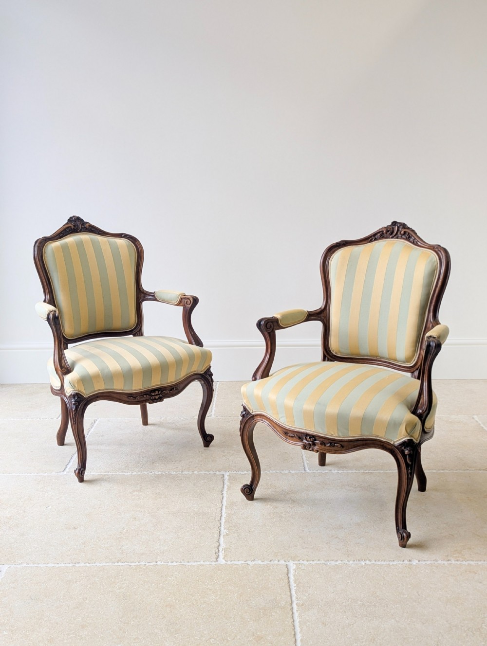 Pair of Antique Victorian Walnut Louis XV Style Open Armchairs c.1880