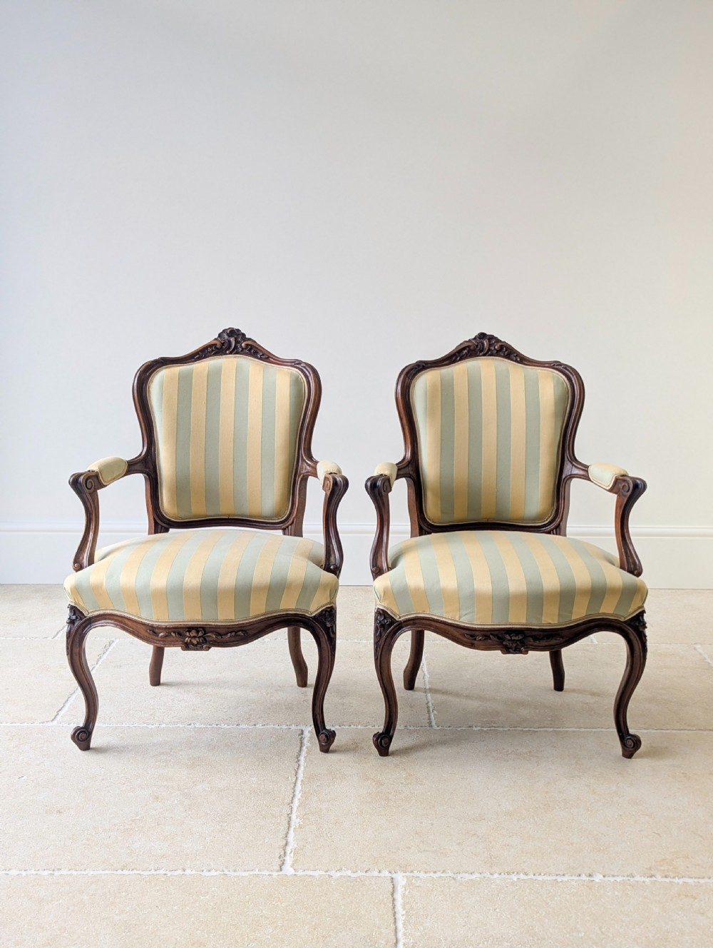 Pair of Antique Victorian Walnut Louis XV Style Open Armchairs c.1880 View II