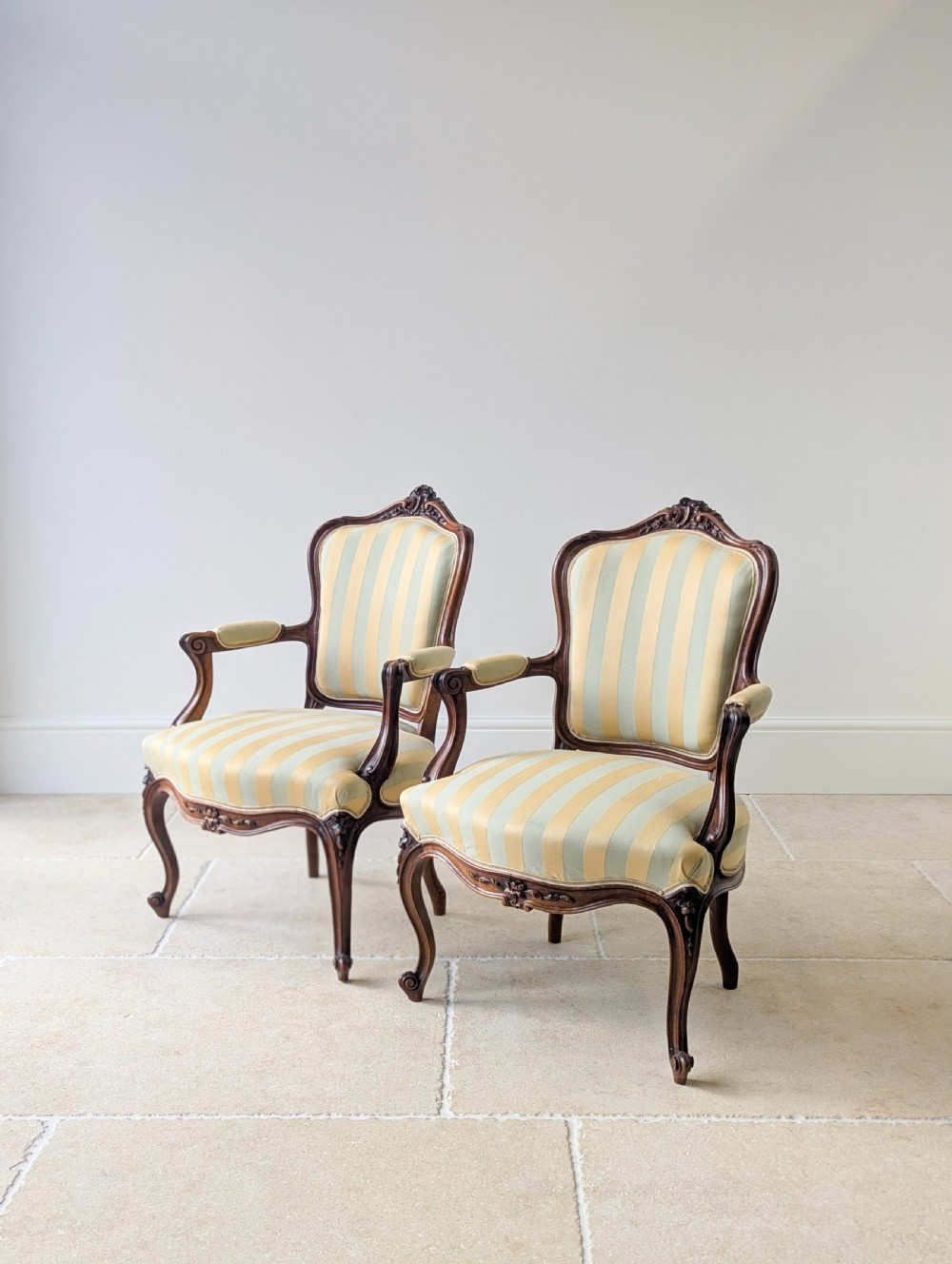 Pair of Antique Victorian Walnut Louis XV Style Open Armchairs c.1880 View III