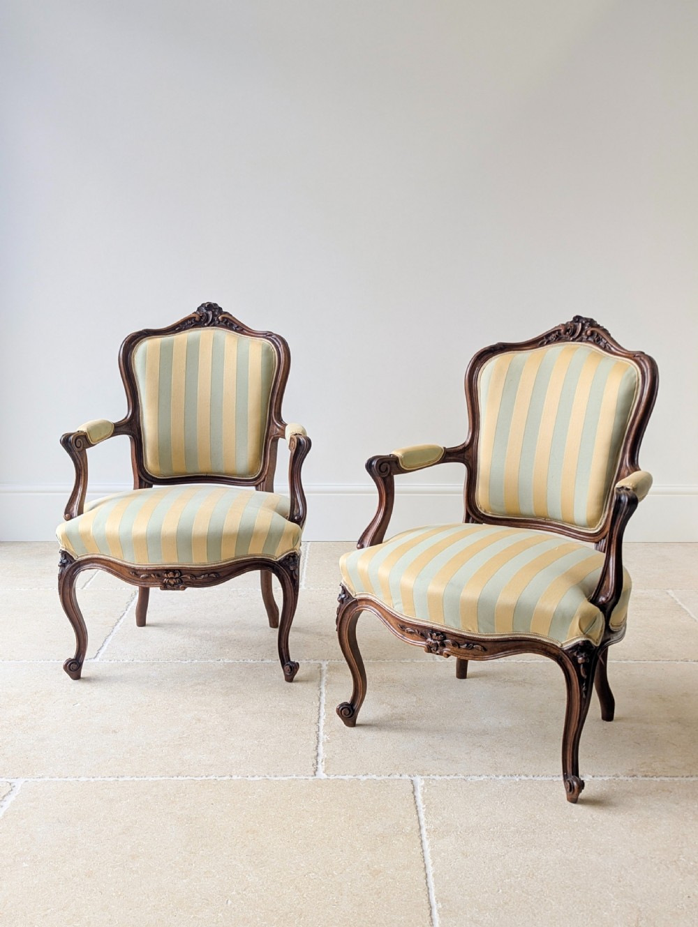 Pair of Antique Victorian Walnut Louis XV Style Open Armchairs c.1880 View V