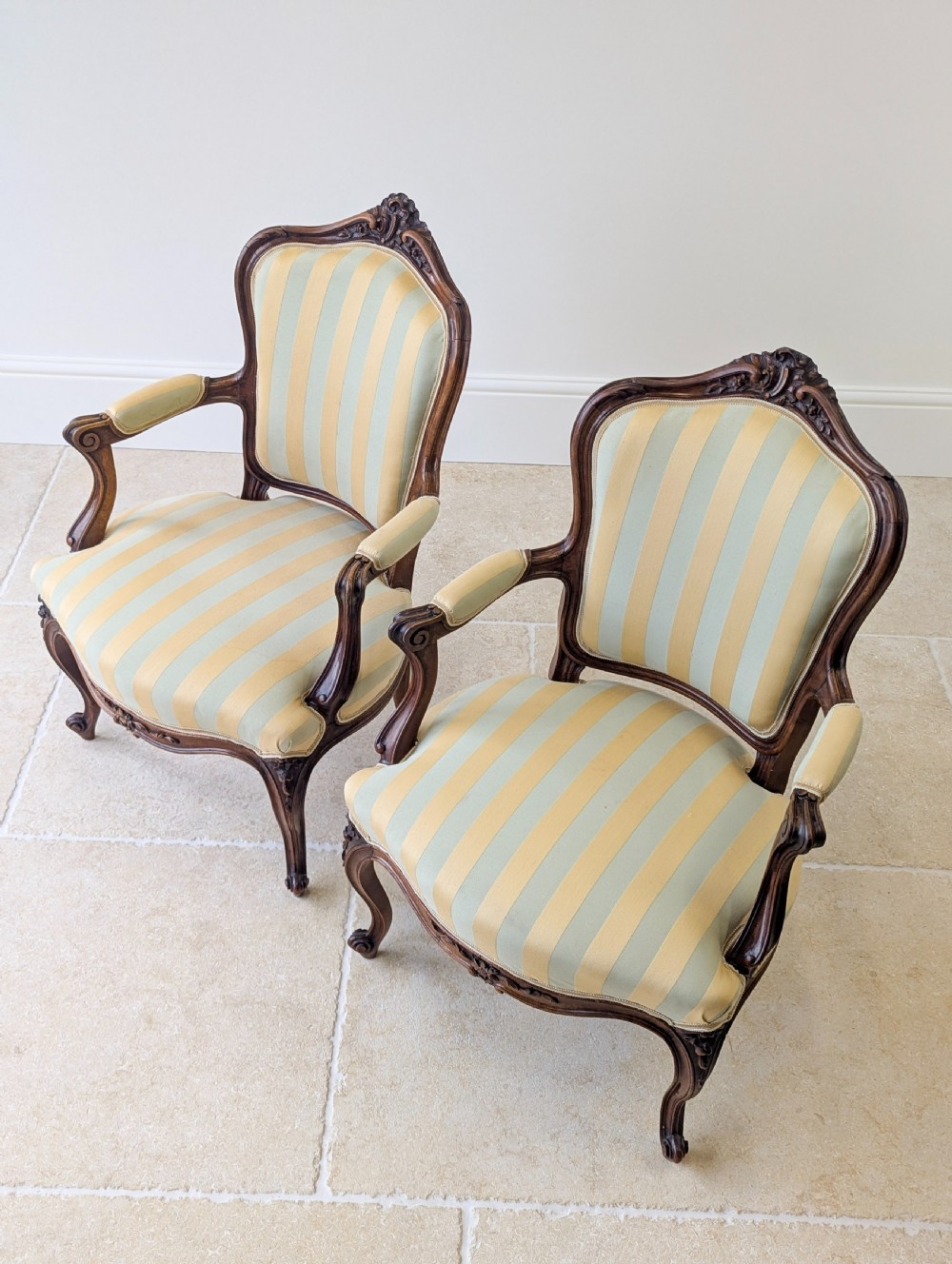Pair of Antique Victorian Walnut Louis XV Style Open Armchairs c.1880 View VII