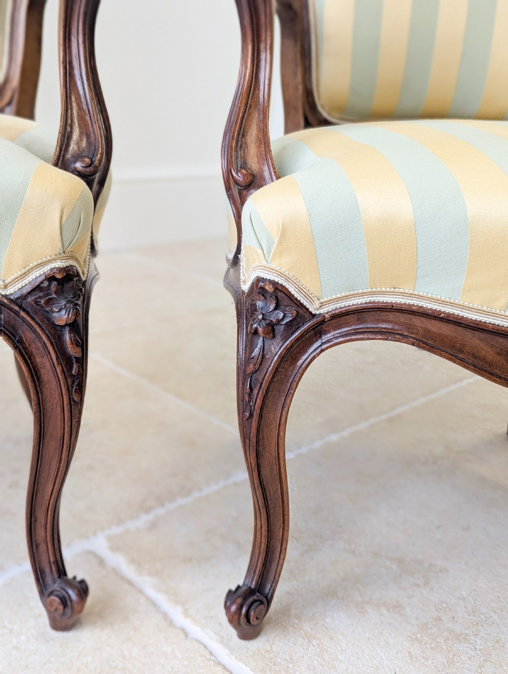 Pair of Antique Victorian Walnut Louis XV Style Open Armchairs c.1880 View XI