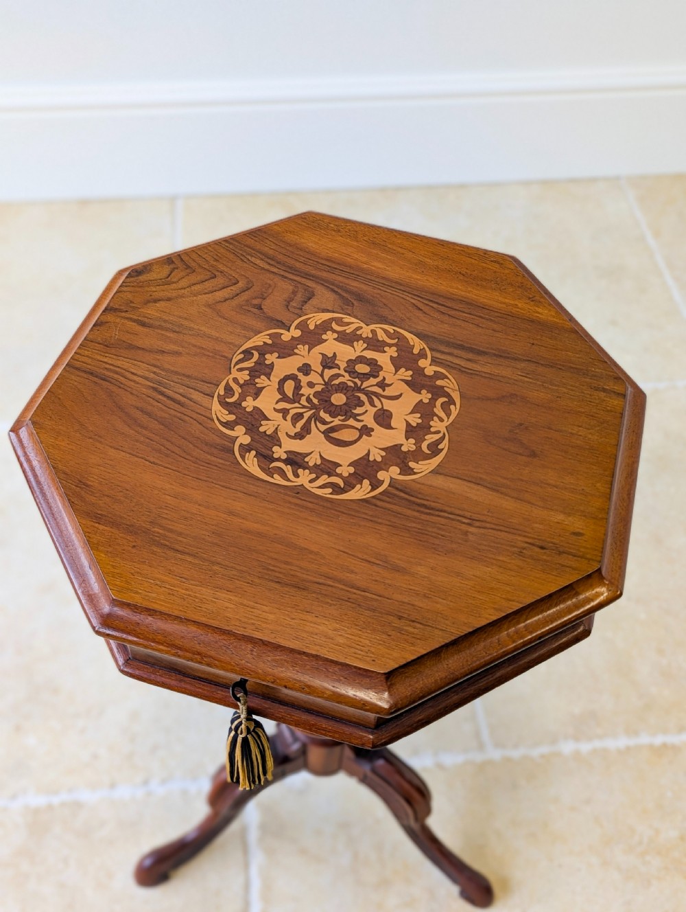 Antique Victorian Walnut Octagonal Sewing Table c.1860 View III