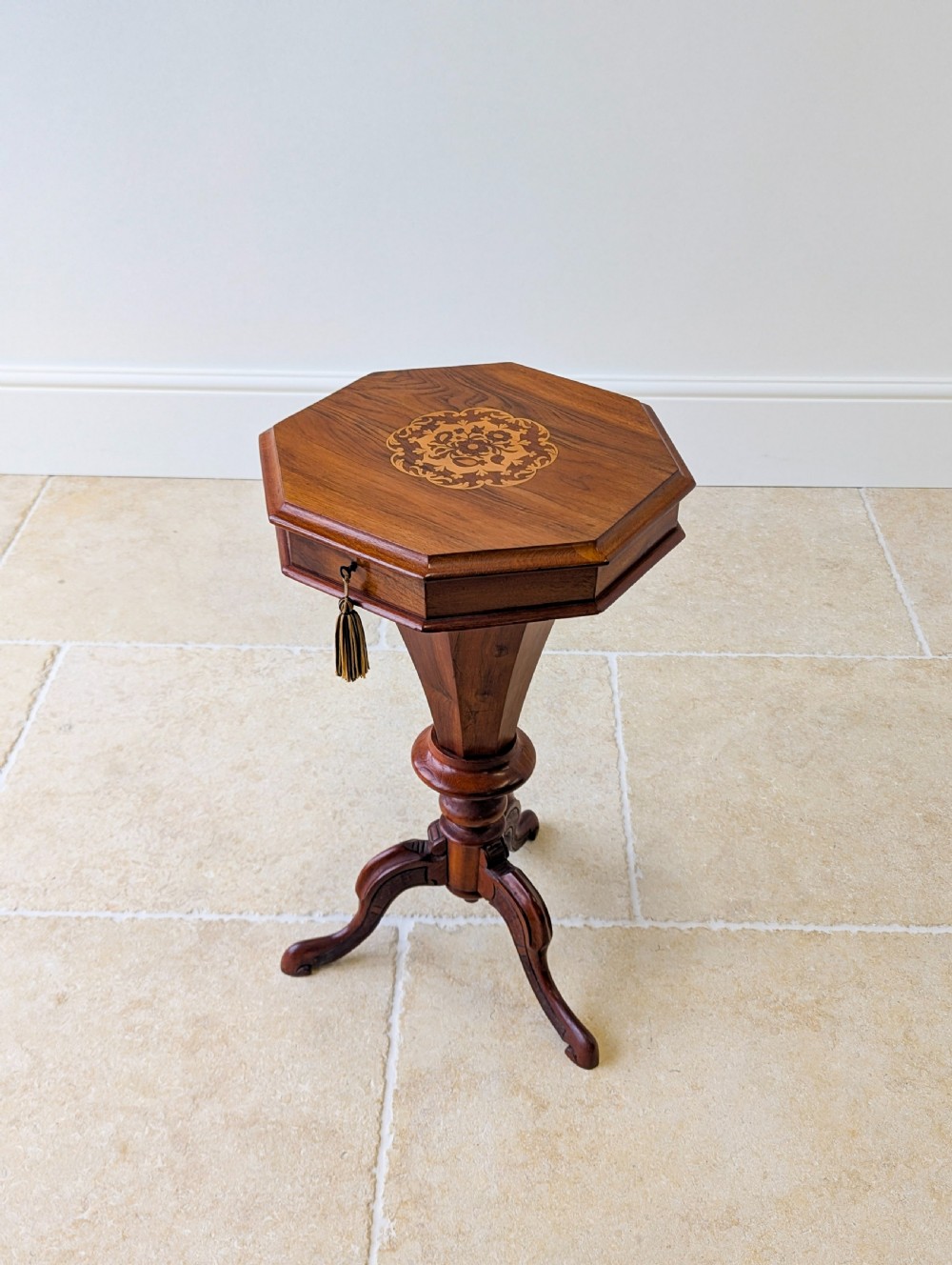 Antique Victorian Walnut Octagonal Sewing Table c.1860 View VII
