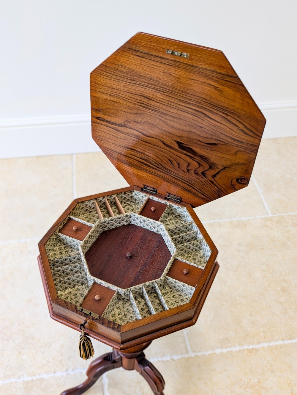 Antique Victorian Walnut Octagonal Sewing Table c.1860 View VIII