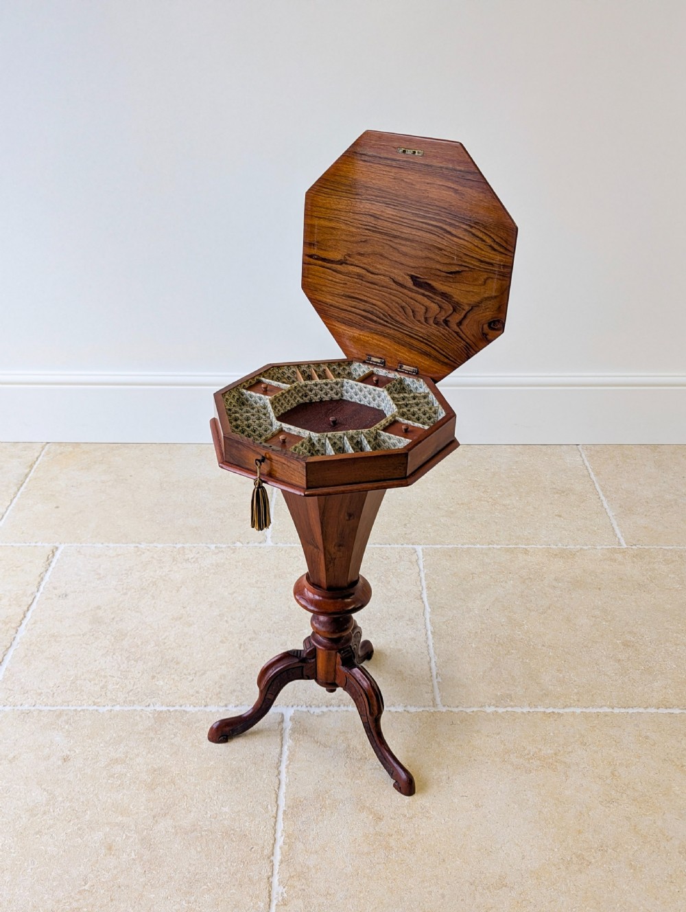 Antique Victorian Walnut Octagonal Sewing Table c.1860 View XII