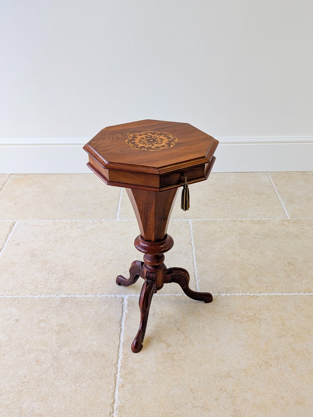 Antique Victorian Walnut Octagonal Sewing Table c.1860 View XIII