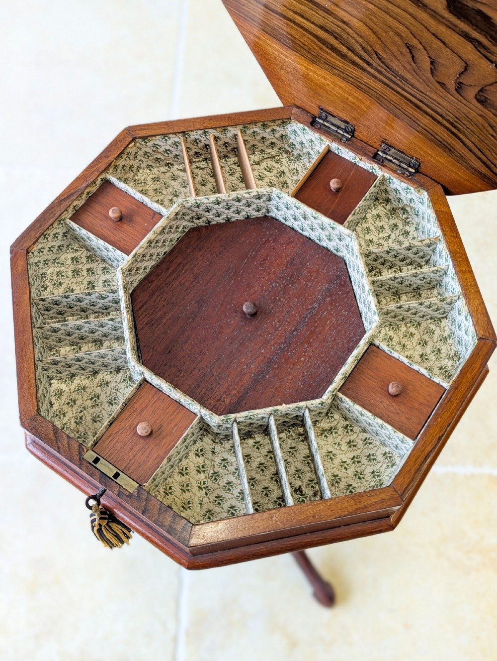 Antique Victorian Walnut Octagonal Sewing Table c.1860 View XV